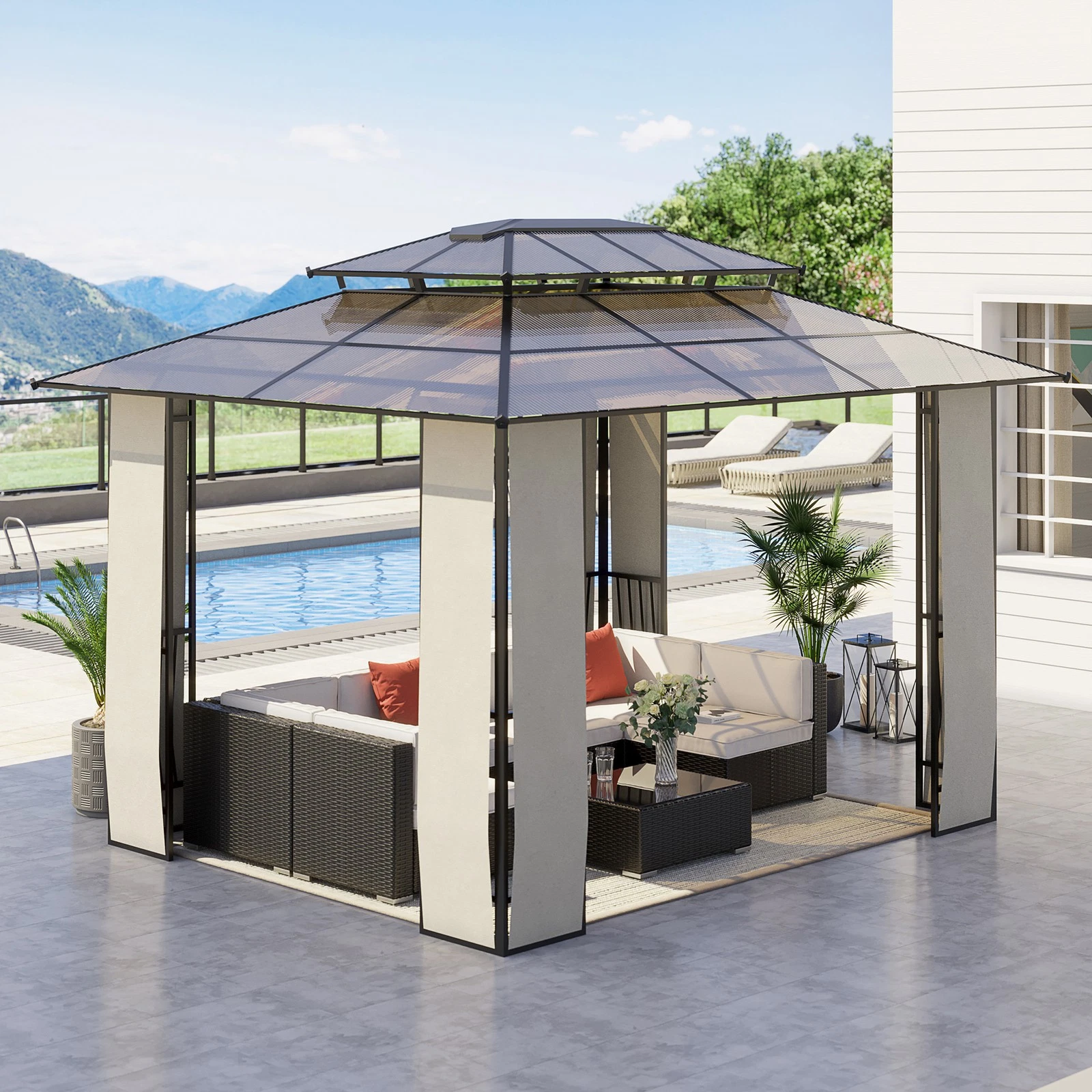 Outsunny Gazebo da Giardino 3.7x3m con Tetto in Policarbonato a 2 Livelli - immagine 2